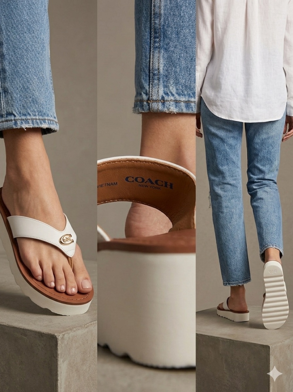 Coach White Leather Platform Thong Sandals with Brown Footbed